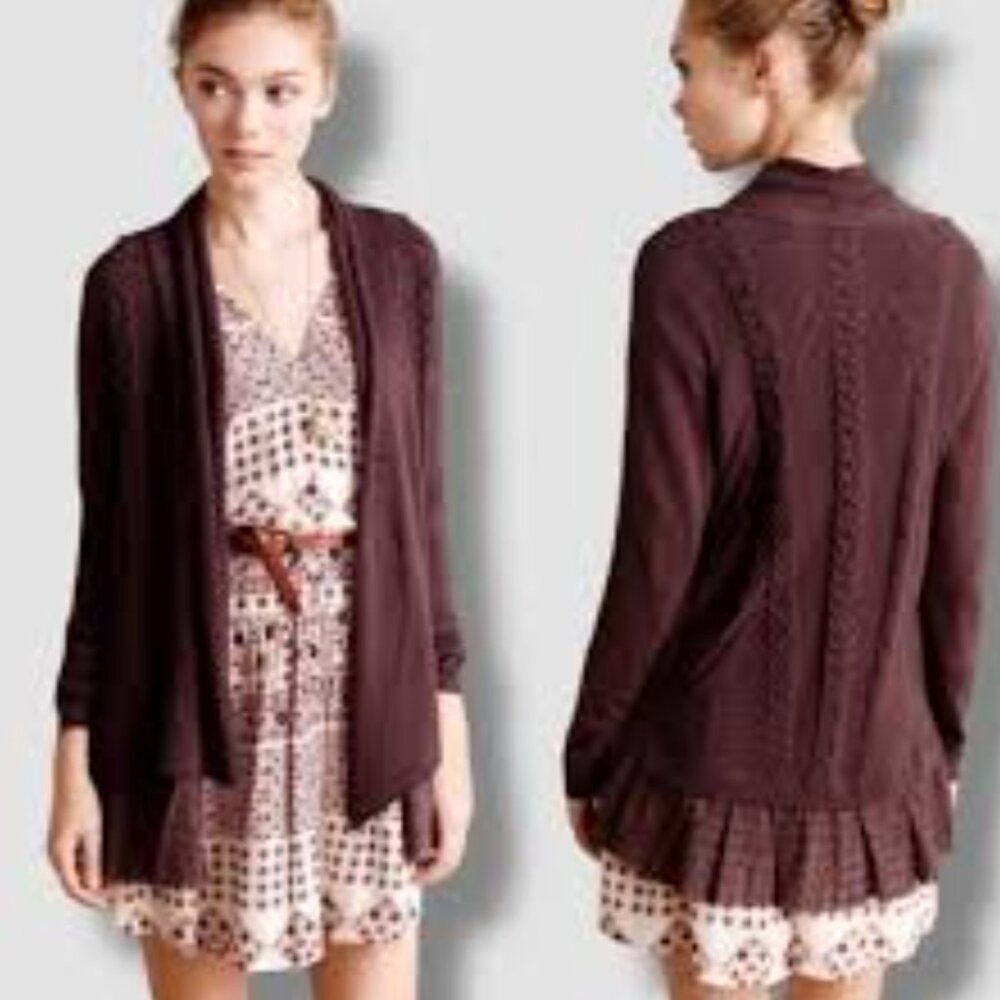 Anthropologie Knitted Knotted Ismare Cabled Open Cardigan Dark Purple Women's L
